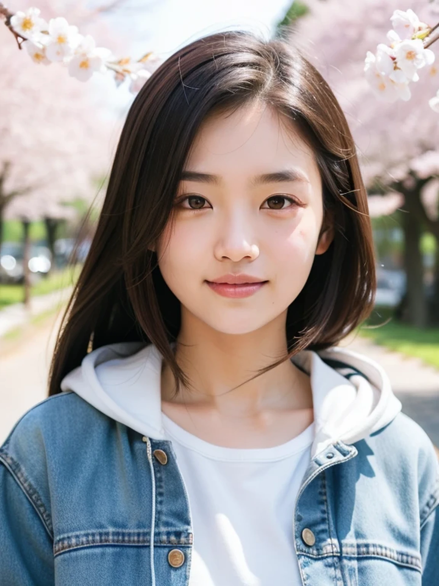 masterpiece, Best Quality, Raw photo, 8K, ultra-detailed face, 1girl, full body, Beautiful detailed skin, backlight, soft light, bashful, (shoot from front:1.2), smile, Luminescent, Anatomically correct, Medium hair, Eyes and faces with detailed, Textured skin, Professional Photography, Bokeh, Portrait, Professional Lighting, Solo, Cute, Girly, Film grain, hoodie, jeans, outside, cherry blossoms