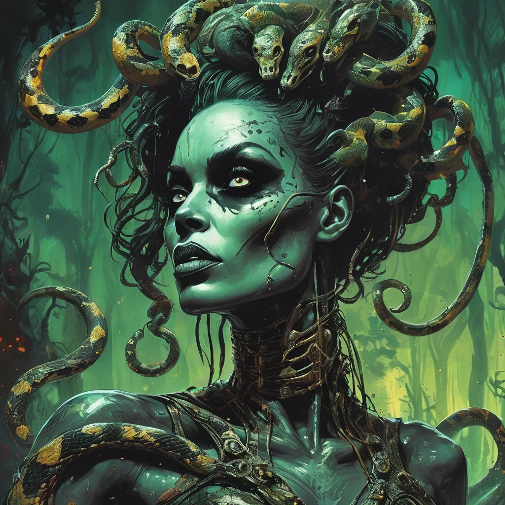 splash page decompressed comic cover art, joelle jones style expressive ink comic, rich color grading, rotoscope hyperrealism, frederic delavier musculature anatomy detailed accurate precise illustration, internal mechanics of robotic Medusa, cinematic, chiaroscuro lighting, surreal, slender medusa filled with steampunk gears and machinery, vertigo, overwhelming, intense, depth, Medusa, splash page decompressed comic cover art, ink style figure, candid, snake skin dress, ((art style expressive Joelle Jones and "Sean Gordon Murphy" comic drawing)), wordless, cinematic poster double exposure, optical illusion, image within image, abyss void black no visibility darkness, full body portrait, (background, pine barrens, entropy, rewilding, magic hour sunset, galaxy stars, cosmos), (horror, abstract, surreal, body, cosmic), body anatomy drawn in Frederic Delavier musculature anatomical illustration art style, (face, ornate black metal corpse paint, resembles Grace Jones), (body, Naga, snakefolk, lower body snake tail, snake woman hybrid, bald, hairless, skeleton, snake skin tattoos, piercing eyes, snake pupils, over the shoulder), (colors, merge bleak muted deep fiery radiant glowing ROYGBIV, forest green to earth brown), craftsmanship nuance, (art style Gerardo Zaffino charcoal), subliminal orchids, nyctophobia, (wordless, single image), silhouette
