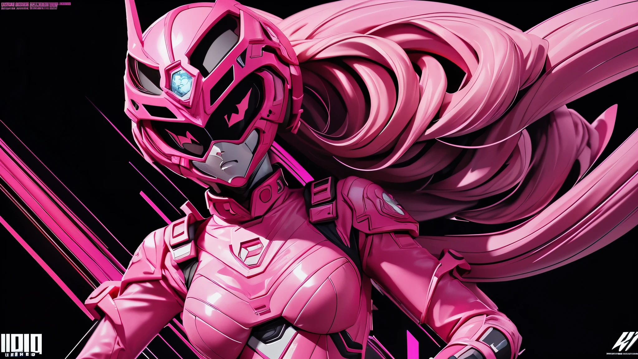 Portrait of a futuristic pink Power Ranger from space, fashion, editorial, fotografia editorial, capa de revista, 4k, boneca, intricate details, black studio background ::n_ low quality, full body, signature, mark, watermark, text, deformed, deformed eyes, deformed helmet, on the moon
