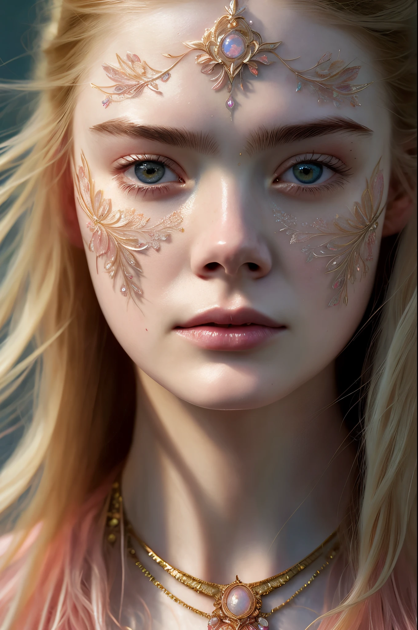 Looks like Elle Fanning, (symmetry:1.1) (portrait of floral:1.05) a woman as a beautiful goddess, (assassins creed style:0.8), pink and gold and opal color scheme, beautiful intricate filegrid facepaint, intricate, elegant, highly detailed, digital painting, artstation, concept art, smooth, sharp focus, illustration, art by greg rutkowski and alphonse mucha, 8k