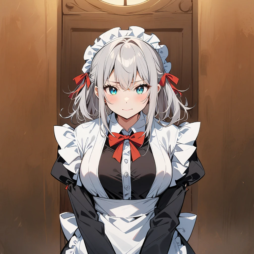 1girl with silver hair, wearing apron