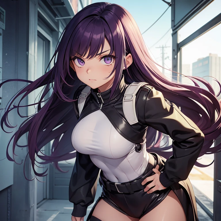 16 year old girl,height 173 centimeters, ojo izquierdo verde, ojo derecho morado, serious expression, cabello blanco con mechas moradas, tono de piel claro, 2d, chica de anime Boku no hero academia, cabello largo hasta la cintura, pose cuerpo completo, cuerpo perfecto.