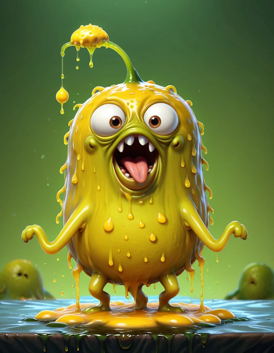 comic (Digital Artwork:1.3) of (Illustration:1.3) a yellow ugly creature drolling, character is covered in liquid, ugly 3d render, an angry lemon, blob anime, an ugly cheese puppet, melting cheese, dripping goo, ugly pixar character, made of wax and oil, pickle, it has lemon skin texture, fairy fruit. octane render, blob, adorable glowing creature,CGSociety,ArtStation . graphic illustration, comic art, graphic novel art, vibrant, highly detailed