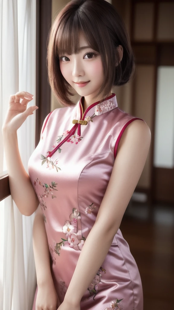 masterpiece, 1 girl per photo, upper body shot, View from the front, young beautiful japanese woman, Around the house, she wears a short-sleeved satin pink cheongsam with floral embroidery.。, big smile, glamorous look, super cute face, glossy lips, sweaty body, double eyelids in both eyes, natural makeup, long eyelashes, Shiny and smooth light brown long bob hair, asymmetrical bangs, sunburned skin, center image, 8K resolution, high detail, detailed hairstyle, detailed face, great cinematic lighting, octane rendering, lively, surreal, perfect limbs, perfect anatomy