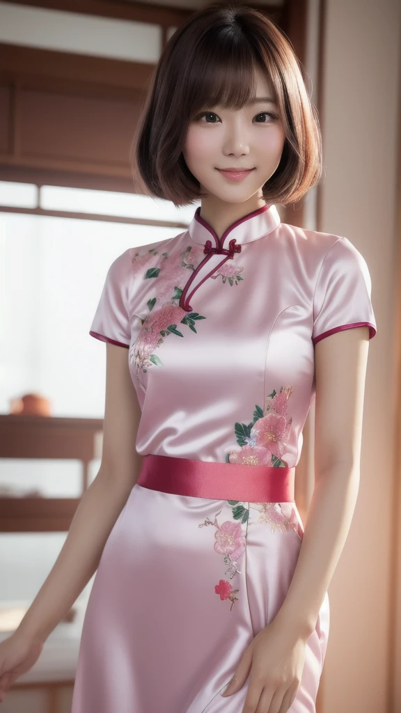 masterpiece, 1 girl per photo, upper body shot, View from the front, young beautiful japanese woman, Around the house, she wears a short-sleeved satin pink cheongsam with floral embroidery.。, big smile, glamorous look, super cute face, glossy lips, sweaty body, double eyelids in both eyes, natural makeup, long eyelashes, Shiny and smooth light brown long bob hair, asymmetrical bangs, sunburned skin, center image, 8K resolution, high detail, detailed hairstyle, detailed face, great cinematic lighting, octane rendering, lively, surreal, perfect limbs, perfect anatomy