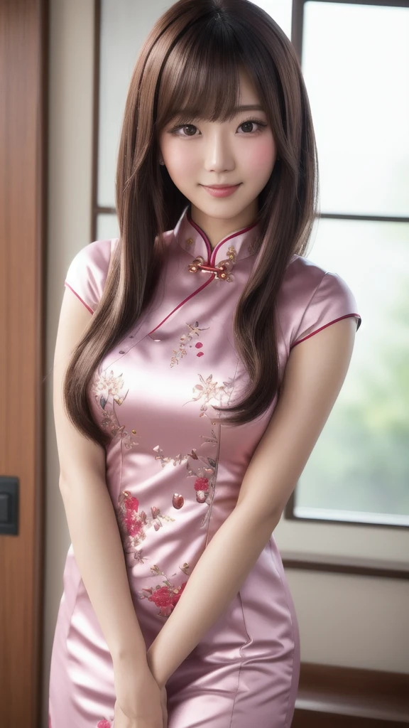 highest quality,masterpiece, High resolution,original, Beautiful fine details,Very detailed, Perfect Anatomy,(highest quality、8k、32k、masterpiece、Hmph:1.2) alone, Cowboy Shot、

anegasaki nene、Shiny brown hair, short hair, Beautiful brown eyes、まぶしいsmile、Happy、Sparkling eyes, (fine grain)、Very detailedな目、Very detailedな顔, Very detailedな目,

masterpiece,highest quality, View from above,, ((Red floral pattern Chinese mini dress：1.3)), From behind, Looking back at the audience, sweating, Are standing, smile, Butt crack