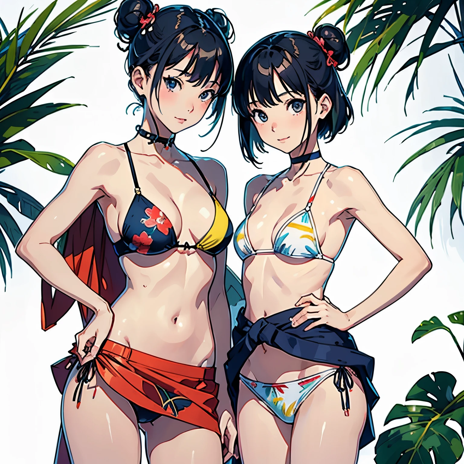 (highest quality, masterpiece, High resolution)、(anime art)、 (reality)、beautiful japanese woman、(two women)、18-year-old、(put your hands on your hips)、(Detailed depiction of a beautiful face)、smile gently、small 、slim body shape、medium short hair、semi-long、bun hair、Wet 水着、bikini、モノキニbikini、A pareo skirt with bold ethnic patterns and plenty of primary colors、realistic skin、Wet、full body、No zoom、No close-ups、cinematic light、Tropical shades、((blank background))、((white background))、