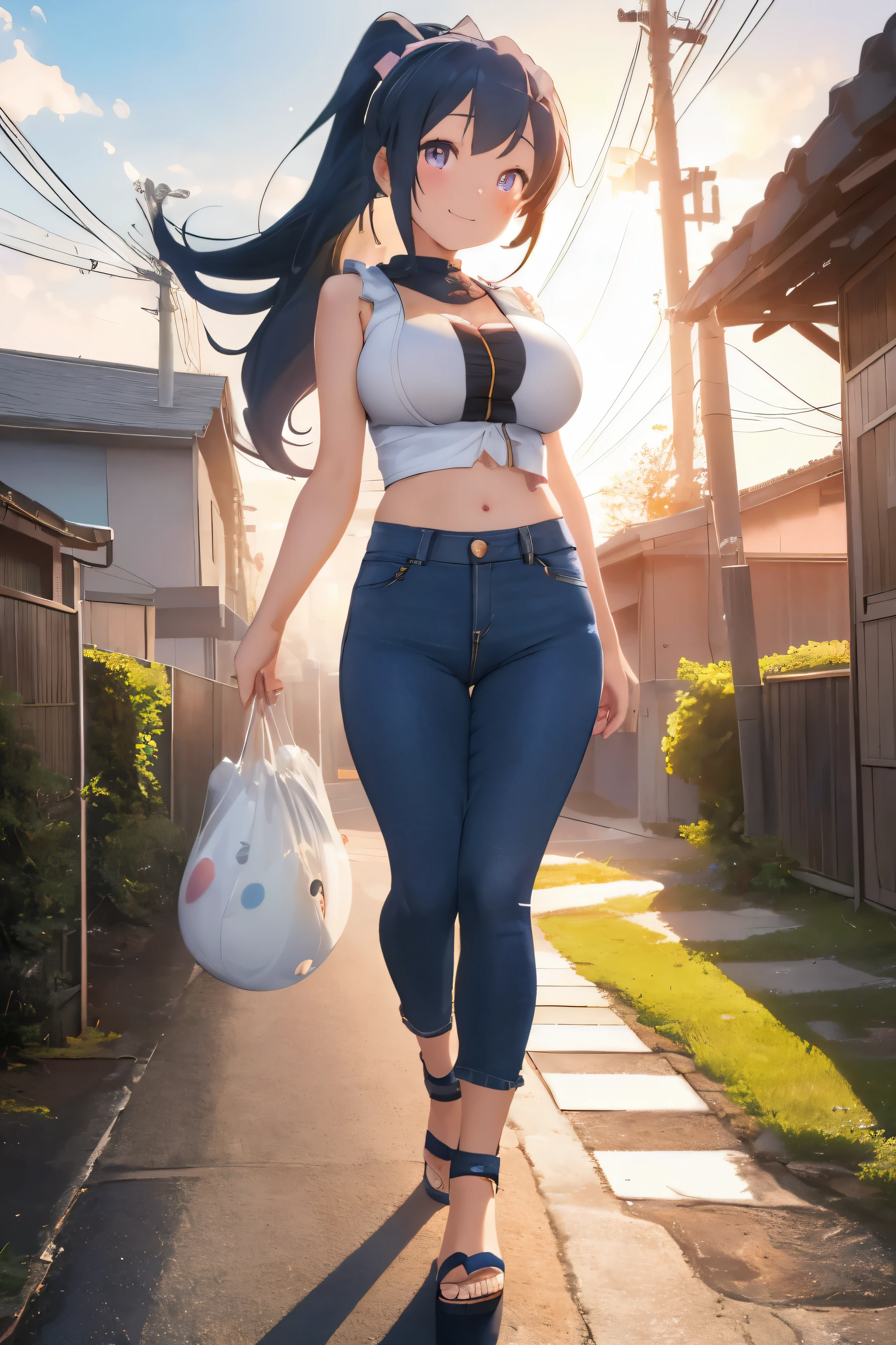 anime - style [ 4 k digital art ]!!, the anime girl is walking, ecchi, ((13year old girl:1.6)), Girl in 1, Exaggerating huge breasts to the maximum, hizuru minakata (summer time rendering)1.3, anime, dark blue hair, long hair, ponytail, purple eyes, JJ cups1.3, oppai:1.3, oppai , huge breasts, busty1.3, small tight low cut tank top, tight blue jean pants, high heeled sandals, smile, shy, from behind:1.6, bubble butt, round ass, shapely legs:1.9, long legs, Complete anatomy, (Whole body:1.9), child's body, bedroom, Super Cute, girl, busty, oppai, oppai , Beautiful Girl, beautiful shining body, beautiful girl with fine details, beautiful and delicate eyes, Detailed face, Beautiful eyes, beautiful shining body, Perfect fusion of the child's body with breasts with maximum exaggerated huge breasts Natural light,((Realism: 1.2)), dynamic far view shot, Cinematic lighting, Perfect composition, by sumic., ultra hyper-detailed, Highly detailed CG Unity 16k wallpaper, Best quality, (masute piece), (Best quality:1.4), (ultra-high-resolution:1.2), (hiper realistic:1.4), (Photorealistic:1.3), Best quality, High quality, A high resolution, Detail enhancement, 