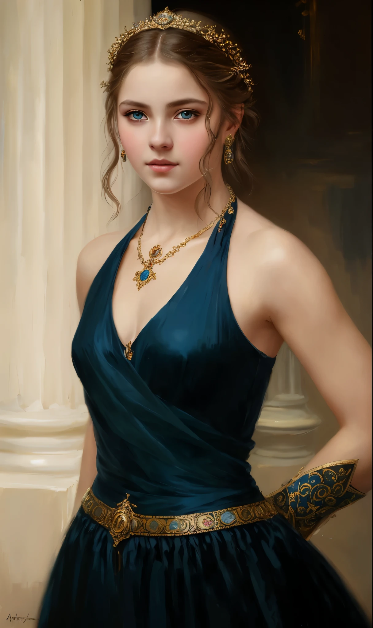 portrait, girl, middle ages, classicism, andrey atroshenko style, painting, pierced eyes, beautifully styled hair, traditional media, realistic, figurative, fine art, oil on canvas, HDR, 8K, original character, high resolution, high detail, focus on the face, beautiful eyes 