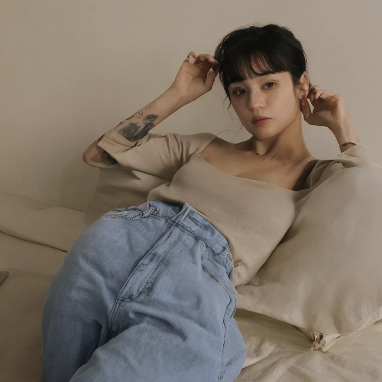 ((Panty shots:1.3)) ((Big breasts:1.3)) ((on the bed:1.2)) ((Sleeping:1.2)) ((denim short:1.5)) ((Close-up:1.2)) ((Flat belly:1.2)) Best quality,Masterpiece,超高分辨率,(Photorealistic:1.4),RAW photo,(Authentic skin texture:1.3),(filmgrain:1.3),in a panoramic view,Character portrait,very wide wide shot,Narrow waist,Cowboy shot,(In the dark, deepshadow, low tune, Cold light,) Night,(()),streaming tears,,Dust,Tyndall effect,(expression),1girll,Beautiful detailed eyes and face,White jabot,Brown eyes,((black tanktop:1.5)) ((Stylish bedroom:1.4)) ((Brown hair:1.2)) ((Long hair))　((Half French，Half Korean:1.3)) ((In my house:1.2)) ((Open legs:1.5))