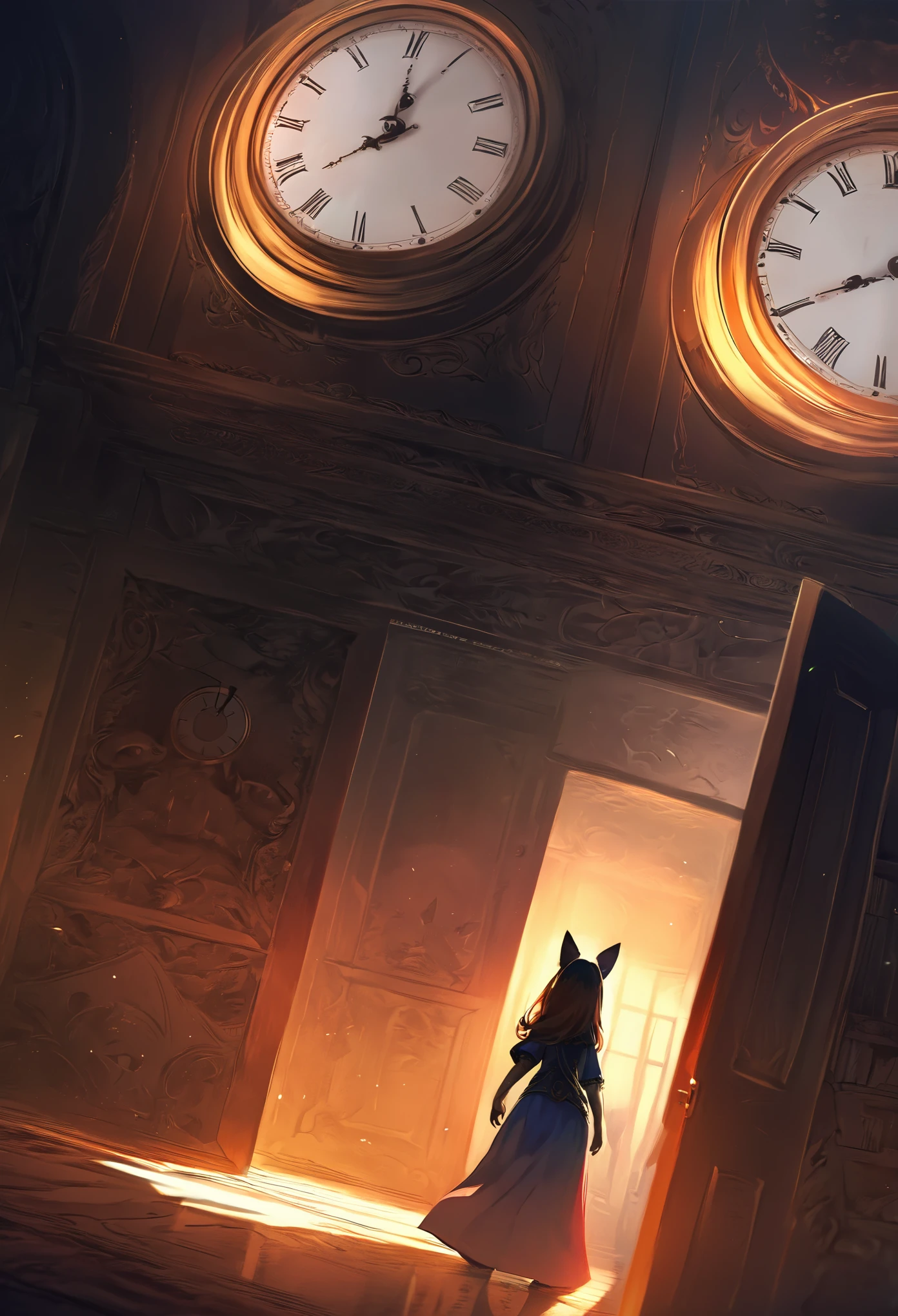 cover page, highres, top quality, best quality, paid reward available, unparalleled masterpiece, perfect artwork, absurdres, High-quality illustrations, super high resolution, detailed background, perfect anatomy(1girl, kemono, furry anthro, fearless smile, reach for the clock) in room with clock, fantasy artwork, cinematic lighting, Backlight,