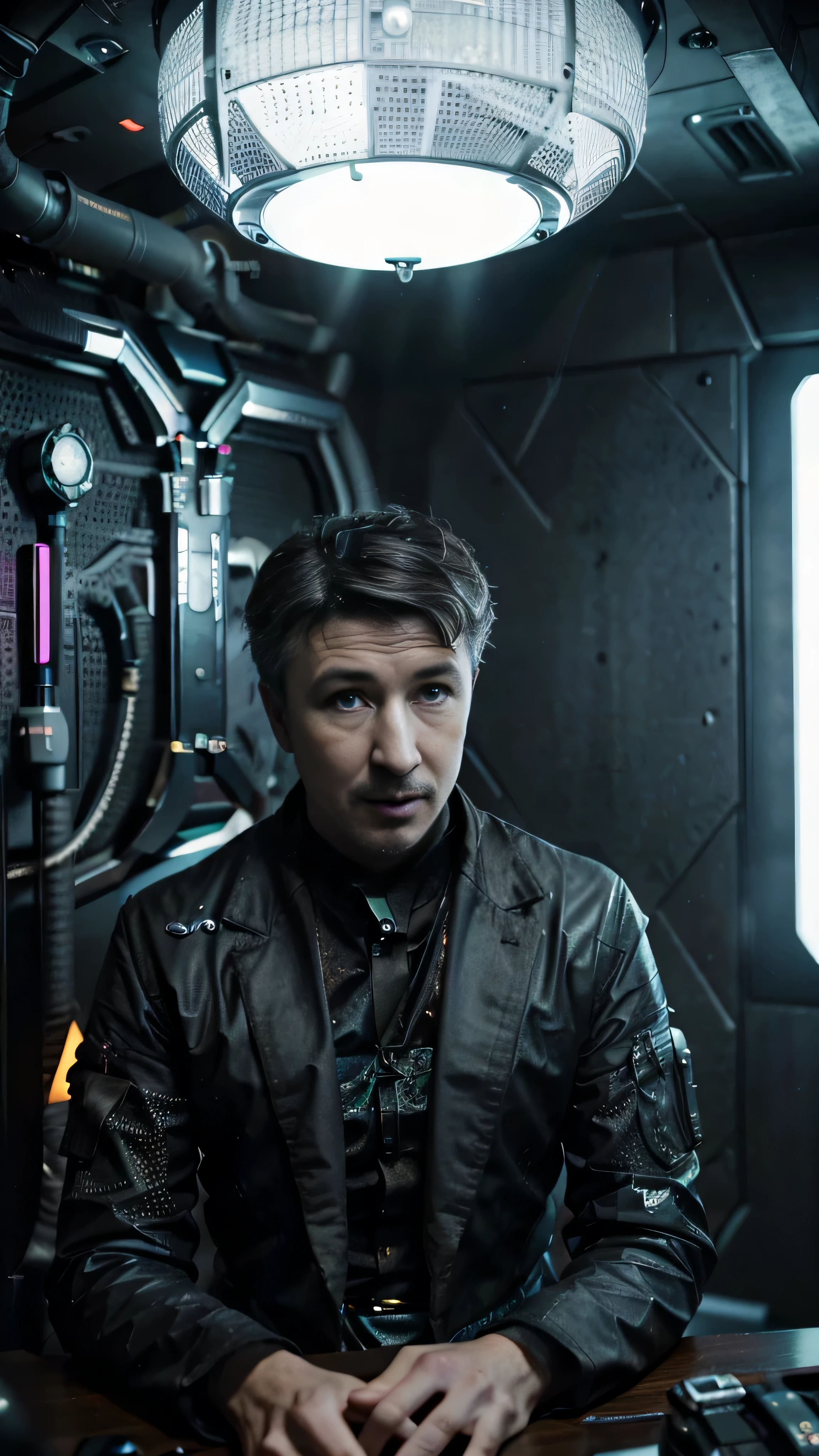 CyberpunkAI, neon, ((Aidan Gillen)) as Petyr Baelish, cyberpunk pimp, sitting in front of cyberpunk table, in a cyberpunk bedroom, 1man, solo, beautiful detailed glow, detailed, cinematic light, intricate detail, realistic, highres, detailed facial features, high detail, sharp focus, smooth, aesthetic, extremely detailed, stamp, octane render