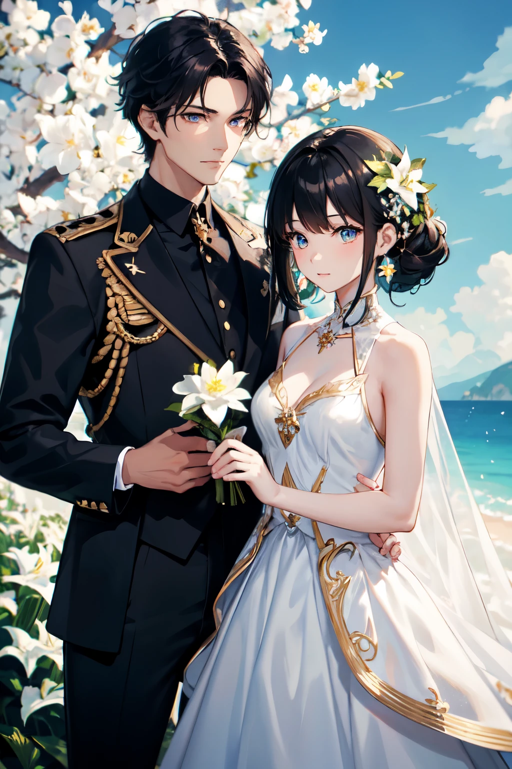 High Detail, Ultra Detail, Ultra High Resolution, 1guy, 1girl, couple, white lily flower in hair, male handsome prince with brown eyes and short black hair and wearing black clothes, protecting blonde hair girl with blue eyes and wearing fancy dress, they're both royalty and are engaged, crystal necklace, fantasy sky background, sunny, vibrant colors