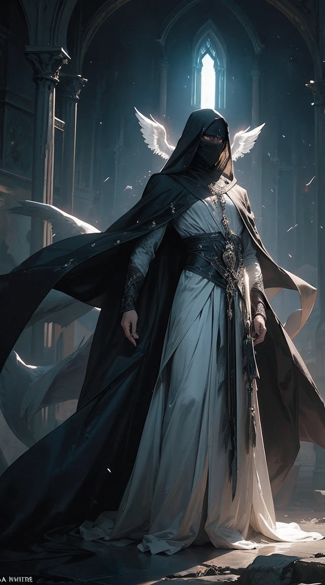 Striking illustration of the Angel of Death., A mysterious and ethereal figure who guards the threshold between life and death.. His presence is enigmatic and powerful...., con alas inmensas que se extienden hacia el horizonte y una mirada penetrante que transmite serenidad y temor. He uses cool tones and deep shadows to emphasize his ethereal nature and his connection to the realm of death......(dark lighting), ( ethereal lighting),(Spectral illumination)
