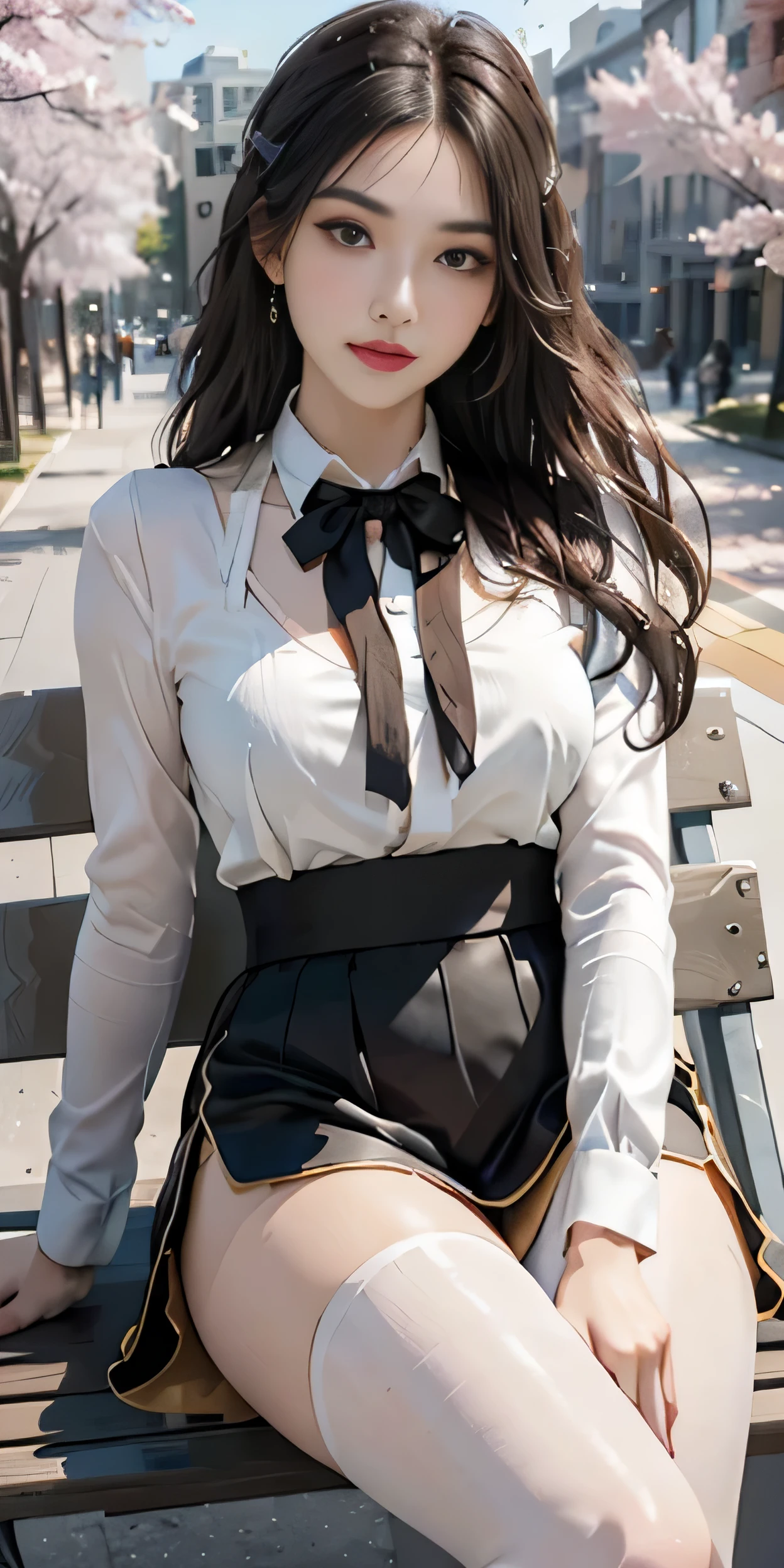 ((whole body)), ((from the front)), ((sitting on a park bench)), ((realistic)), 1 girl, looking at viewer, detailed scene, straight hair, air bang, beautiful hair accessories, brownish yellow hair, ((white colored blouse, short black tight skirt, neck bow tie, high heel)), (Campus Style), warm lighting, warm color palette, More details, very detailed, (masterpiece, best quality), (Very detailed and beautiful work), delicate earrings, delicate necklace, simple blurred background, extreme detail description, Ultra-fine painting, delicate face, slim body, (smile, tooth exposure), (anatomy correct), Big and attractive breasts, stockings, Cherry Blossom