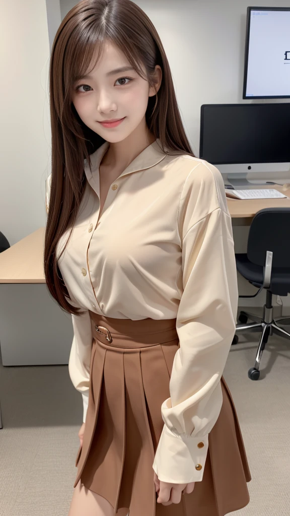 table top, highest quality, 8K、(golden ratio face、balanced eyes)、double eyelid、beautiful nose、shy laugh、lip gloss 、very beautiful girl、Beautiful girl solo like a model、look at the photographer、office lady、Jacket、blouse、skirt