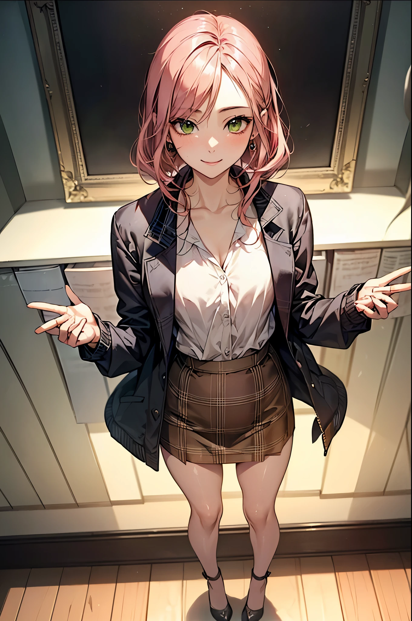 ((Biologically correct number of limbs))、(( Full body photo including face))、((standing position))、masterpiece、4K、((focus on the face))、((Symmetrical facial features))、Eyes with detailed description、Beautiful woman、outstanding style、beautiful clavicle、beautiful legs、beautiful hands、(stockings、high heels)、Detailed depiction of faces、small earrings、((Jacket、shirt、plaid skirt))、Bright interior、In front of the bookshelf、(((white frame photo)))、smile、pink hair、green eyes、lighting on face