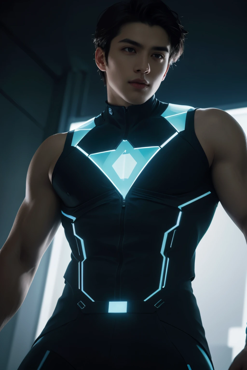 30 years old man, stubble, wearing transparent see-through futuristic clothes, breathtaking grandeur, LED internal lighting, cyberpunk style, fibre optic hair, glowing blue iris, muscular, best quality, masterpiece, intricate details, dynamic pose, dynamic angle, (surreal), (illustration), ((oil painting \(medium\):1.2)), sharp focus, soft lighting, vibrant colors, cinematic photography, dynamic angle, volumetric lighting, film grain, hard shadows