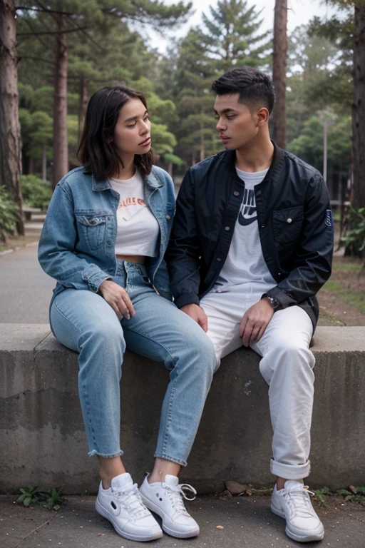 ((best quality)), ((masterpiece)), (detailed), perfect face Handsome man from Indonesia, short hair parted neatly to the side, agenda 25, wearing a blue jeans jacket, white Nike Air Jordan shoes, full body, pose sitting with his girlfriend, with a pine forest in the background
