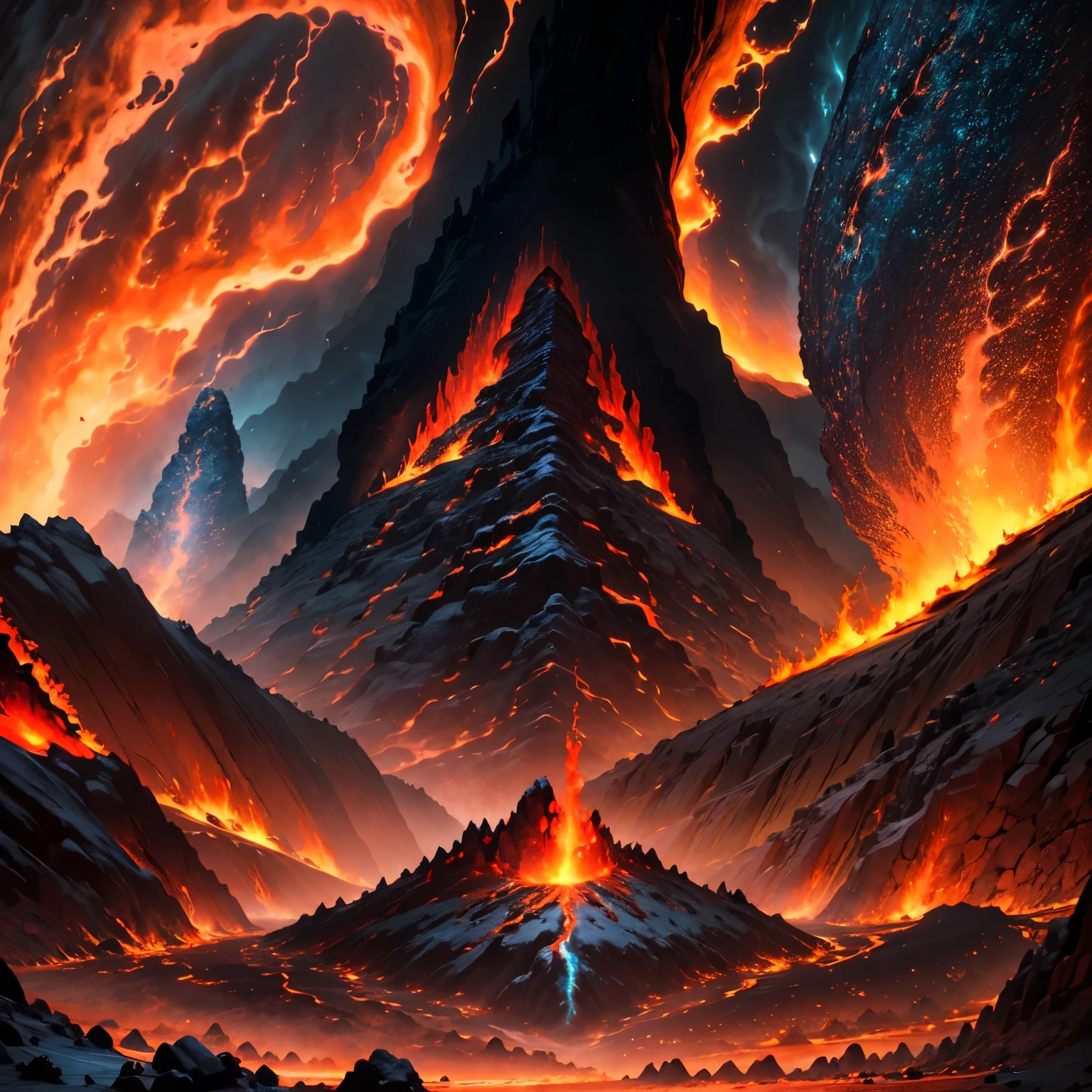 (unrealistic,abstract:1.1), vibrant colors, detailed volcanic eruption, floating lava, massive boulders, multilayered geological formations, surreal landscape, glowing magma, dynamic composition, dramatic lighting, high contrast, ethereal atmosphere, textured rocks, fiery hues