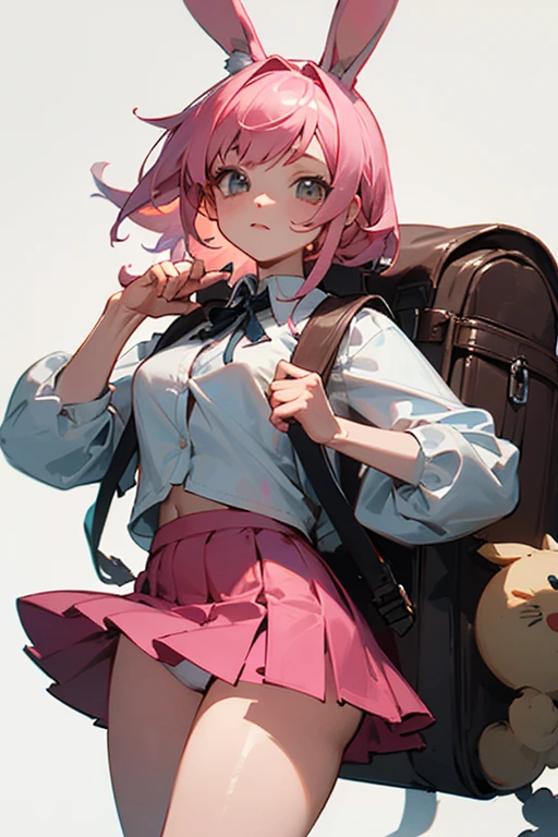 ((best quality)), ((masterpiece)), (detailed), perfect face,normal hand,bunny ears,pink hair,Punk Skirt,Large backpack,magic academy