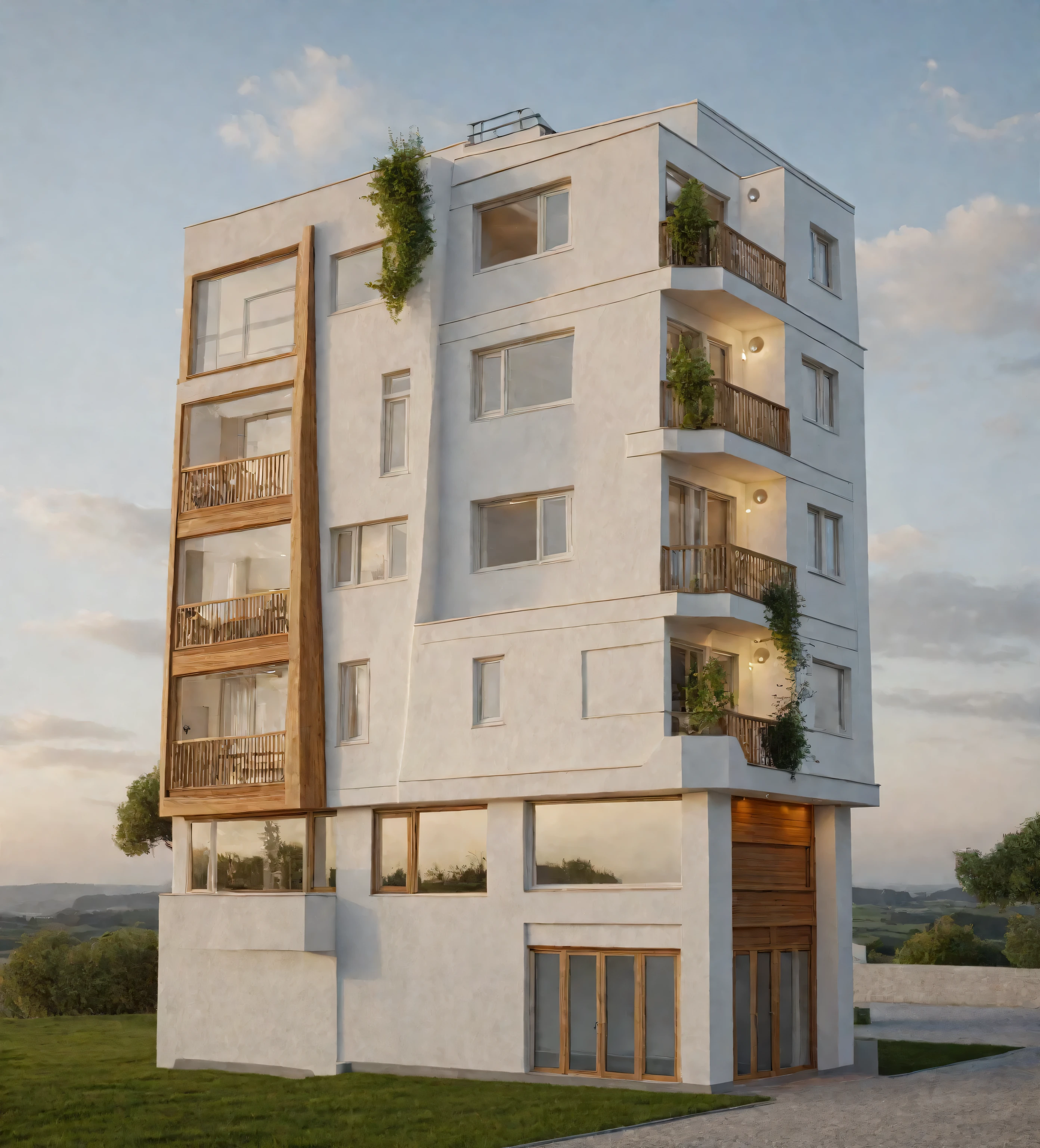 Exterior of the house, style contemporain, mur blanc, Mur de bois, porte en bois, window, (Realistic:1.2), chef-d&#39;artwork, high quality, best quality, authentique, Great detail, en plein air,route,pavement, herbe, des arbres, ciel, nuage, (day light:1.1)
