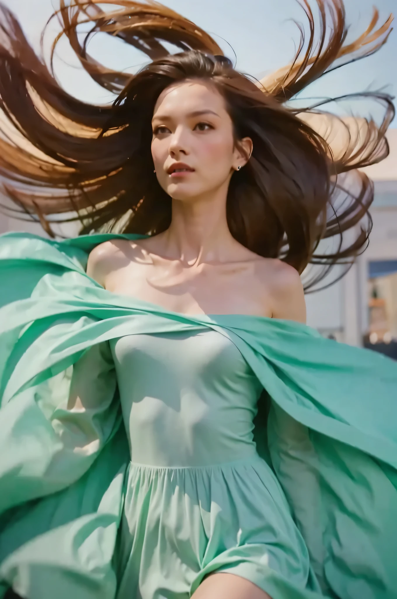 (masterpiece, highest quality:1.2), (highest quality, 4k, Super detailed, High resolution, masterpiece:1.2), bright summer day, outdoor, beautiful scenery, strong wind,A stunningly beautiful woman in a pink dress, Dresses and skirts fluttering in the wind (((female bust shot)))、 Dresses blown in the wind, Undulating fabric, swirling gust of wind, Scattered papers and debris floating in the air, long flowing black hair, wonderful eyes, lip whole, radiant smile, 、Slender curvaceous beauty, 、elegant posture, Photo with blurred bokeh background, bustling street (street:0.8), crowds of people々 (people々, crowd:1), Bright colors, High definition、soft and warm lighting.