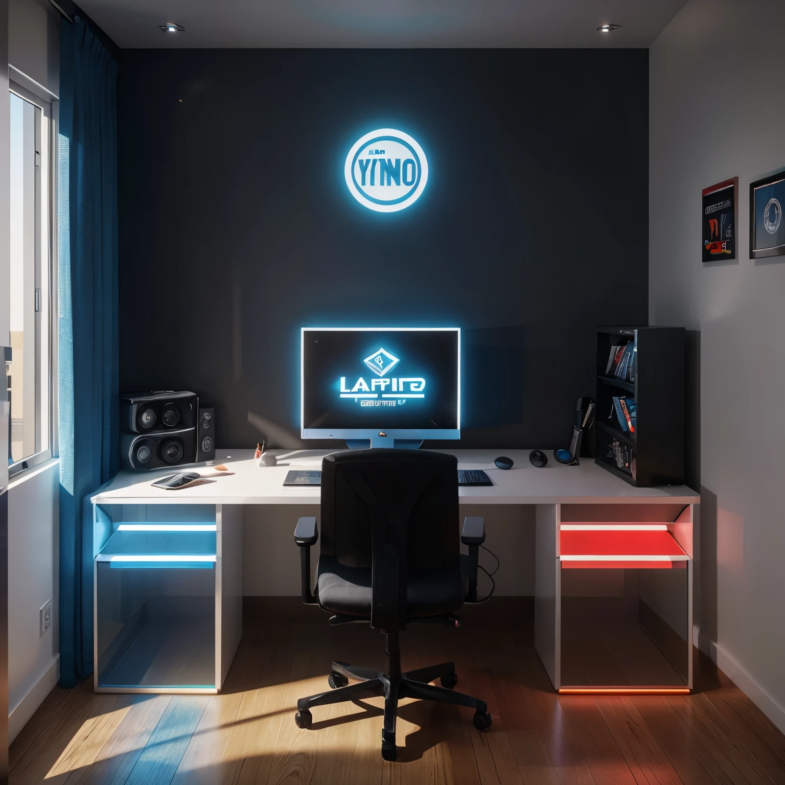 A gamer-type room with LED lights, logotipos de sociales en un mueble con logo de YouTube arrba centrado en un muro, una silla gamer con un escritorio elegante de cristal y una laptop Gamer azul con detalles de oro reluciente y el nombre de "LapTech". Muy realista, detallado, 3d Render, cinematic, typography, photo, 4k, 8k