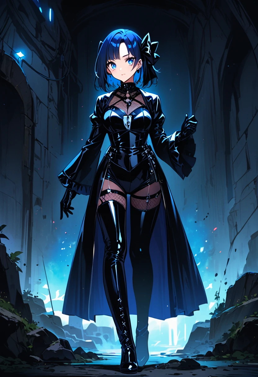 (Full body image of a girl in latex gothic fashion: 1.5), japanese manga, Lovely, smoky makeup, dark blue hair, dull bangs, straight short bob, Three blue white eyes, black gloves, Latex knee high boots, High gloss finish, Super detailed, (underground), 8K.