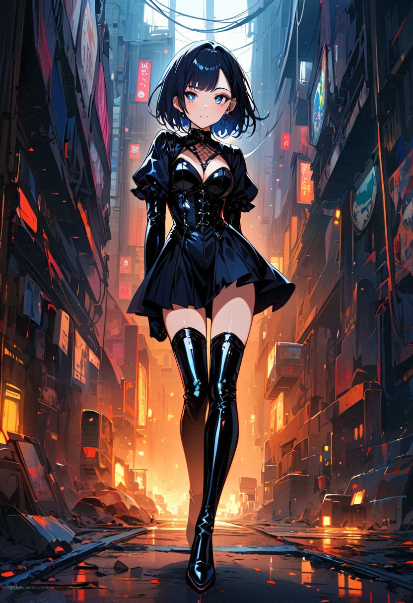 (Full body image of a girl in latex gothic fashion: 1.5), japanese manga, Lovely, smoky makeup, dark blue hair, dull bangs, straight short bob, Three blue white eyes, black gloves, Latex knee high boots, High gloss finish, Super detailed, (underground), 8K.