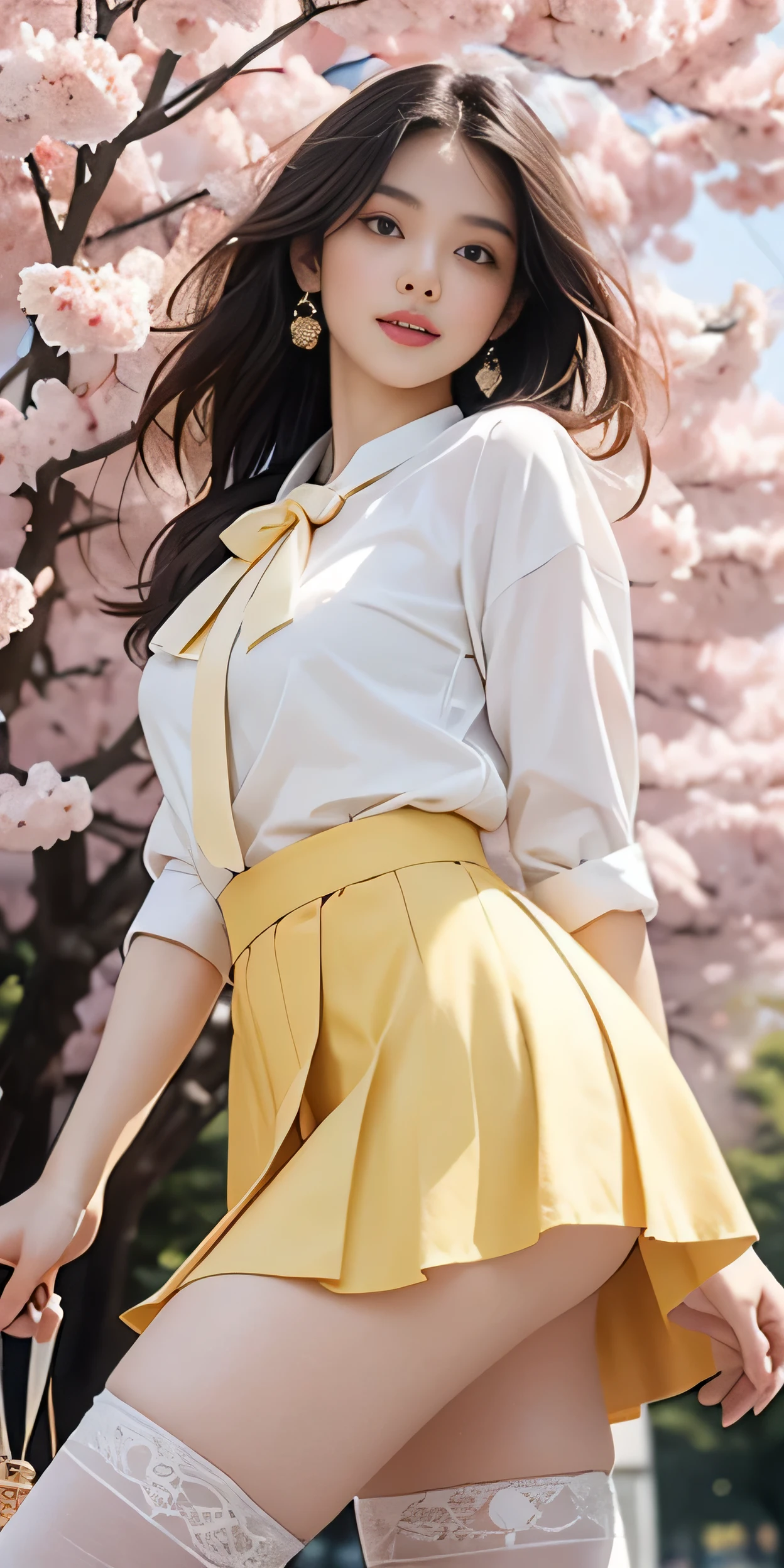 (whole body)), ((from below)), ((walk in the park)), ((realistic)), 1 girl, looking at viewer, detailed scene, straight hair, air bang, beautiful hair accessories, brownish yellow hair, ((white colored blouse, Short tight skirt, neck bow tie, high heel)), (Campus Style), warm lighting, warm color palette, More details, very detailed, (masterpiece, best quality), (Very detailed and beautiful work), delicate earrings, delicate necklace, simple blurred background, extreme detail description, Ultra-fine painting, delicate face, slim body, (smile, tooth exposure), (anatomy correct), Big and attractive breasts, stockings, Cherry Blossom, thin waist