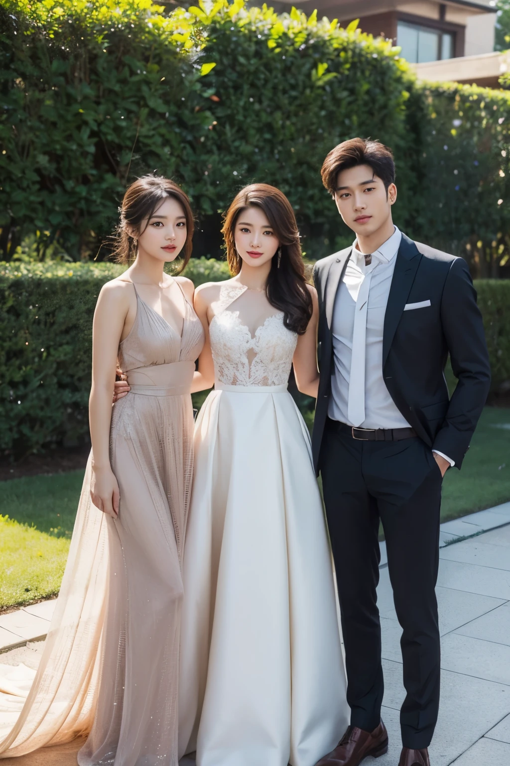 Realistic, Long shot, 4k, high detailed, high quality, Potrait of one man(24 years old) in a suit(in the middle) and 2 asian pretty girls with luxury dress, standing, perfectly proportioned, intimate, Lovers, close to each other, perfect anatomy, perfect background, perfect face, perfect body, detailed face, look at camera, in front of luxury house, outdoor