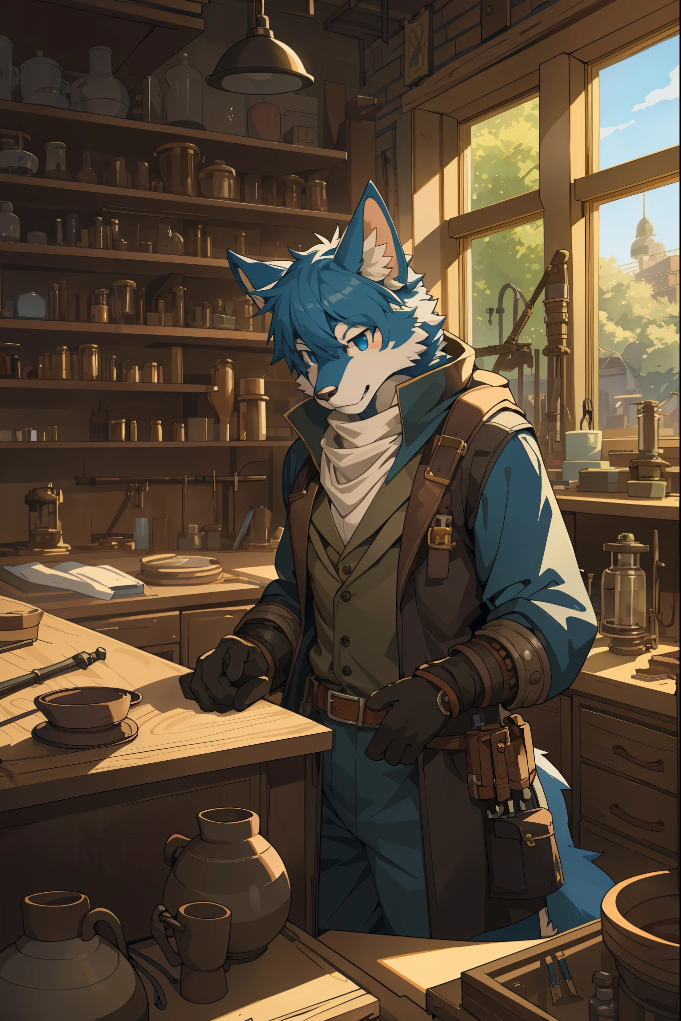 cover page, highres, top quality, best quality, paid reward available, unparalleled masterpiece, perfect artwork, absurdres, High-quality illustrations, super high resolution, detailed background, perfect anatomy(1boy, solo, kemono, furry anthro, alchemist, Experimenting)many pottery, in room with many windows, in cluttered lab, in steampunk laboratory, fantasy alchemist laboratory, weapon shop interior, cinematic lighting,