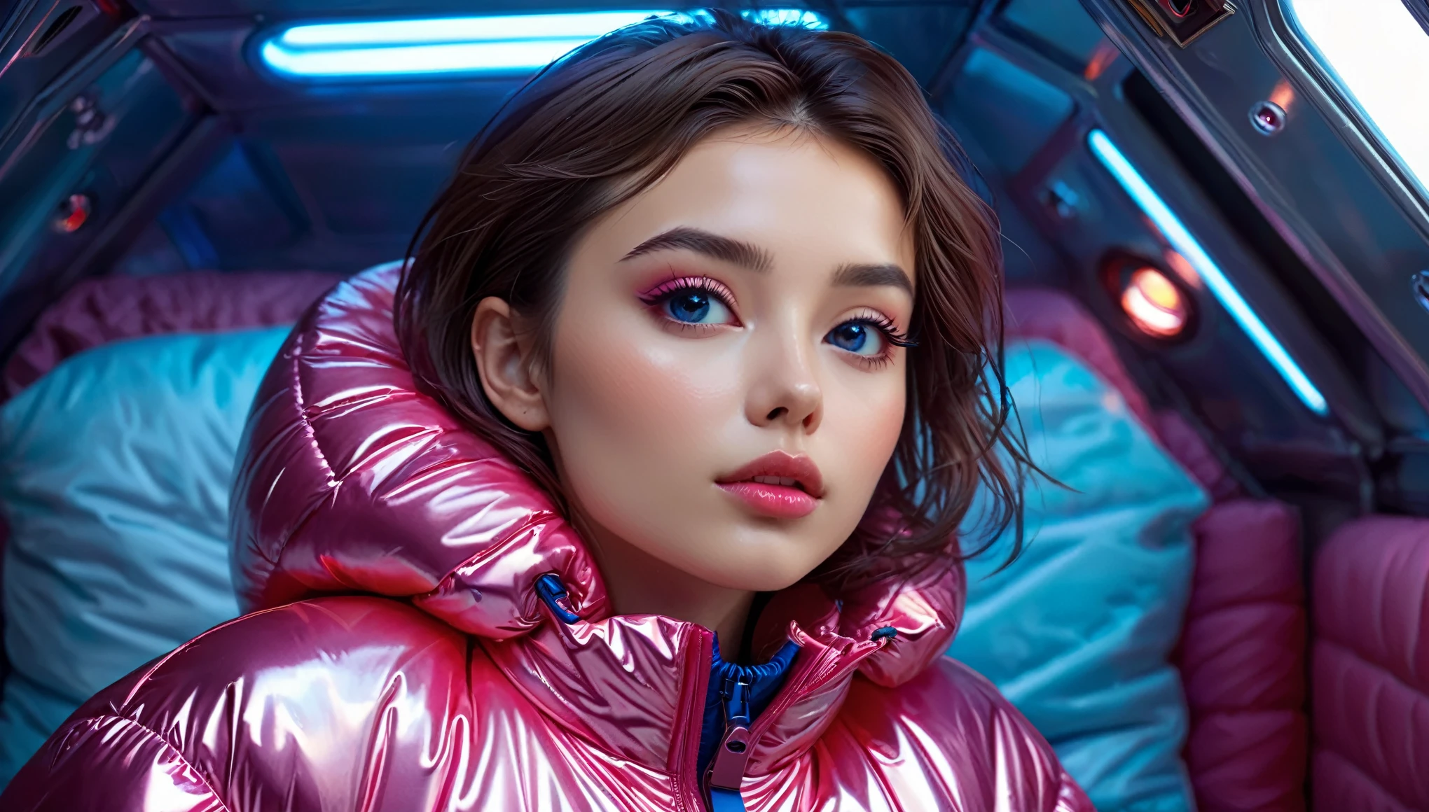 Masterpiece, Best Quality, ((cute girl in a shiny puffer, blue pink red color, short sleeves, small perky breasts, puffy nipples, extremely detailed face, detailed eyes, detailed lips, random hair, small hips, in a spaceship, on a bed, full body view))