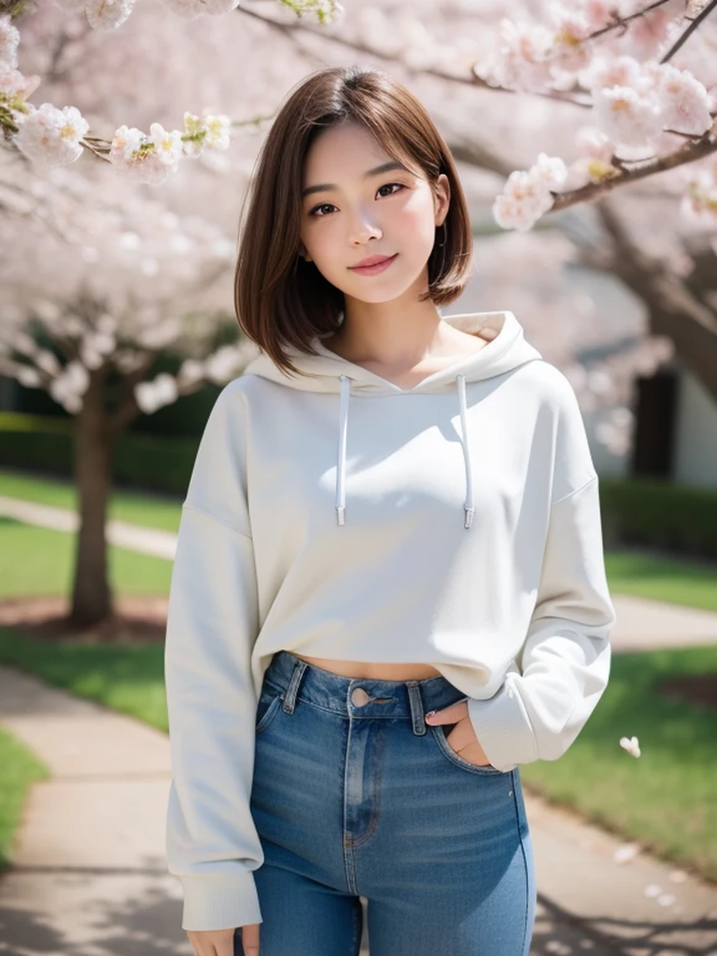 masterpiece, Best Quality, Raw photo, 8K, ultra-detailed face, 1girl, Beautiful detailed skin, backlight, soft light, bashful, (shoot from front:1.2), smile, Luminescent, Anatomically correct, Medium hair, Eyes and faces with detailed, Textured skin, Professional Photography, Bokeh, Portrait, Professional Lighting, Solo, Cute, Girly, Film grain, hoodie, jeans, outside, cherry blossoms
