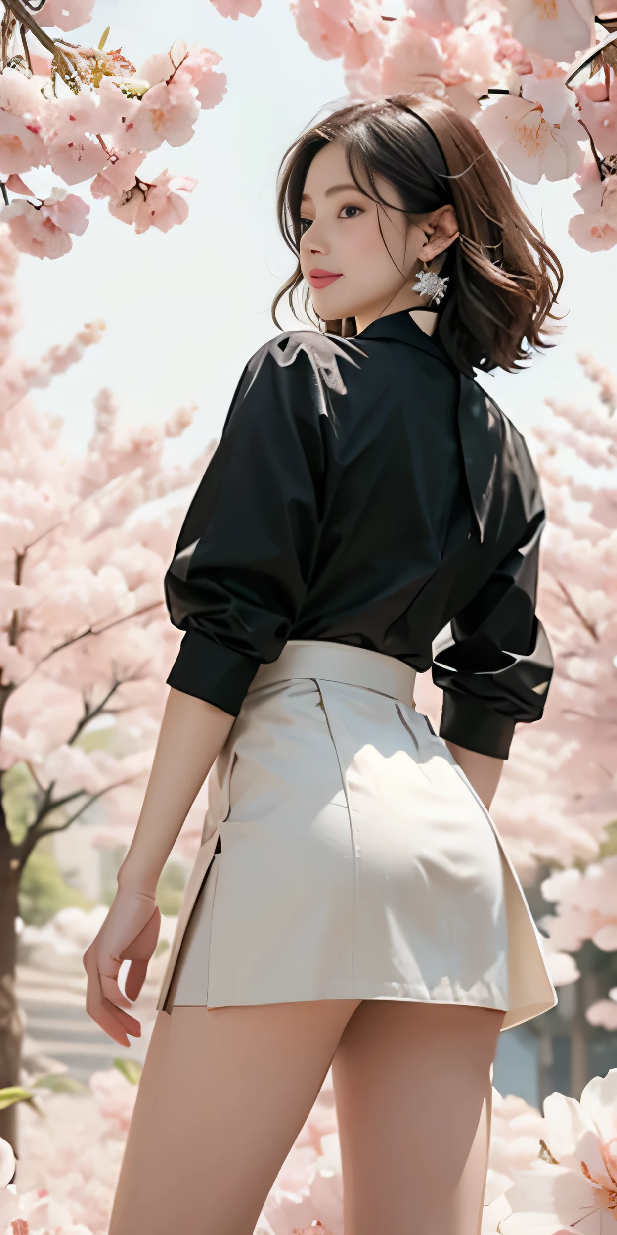 ((whole body)), ((from below)), ((Smelling the scent of flowers)), ((realistic)), 1 girl, looking at viewer, detailed scene, Curly hair, air bang, beautiful hair accessories, Short yellow hair with a brown tint, ((white colored blouse, short black tight skirt, neck bow tie, high heel)), (Campus Style), warm lighting, warm color palette, More details, very detailed, (masterpiece, best quality), (Very detailed and beautiful work), delicate earrings, delicate necklace, simple blurred background, extreme detail description, Ultra-fine painting, delicate face, slim body, (smile, tooth exposure), (anatomy correct), tight dress, cherry blossom road with river, Walking figure, stockings