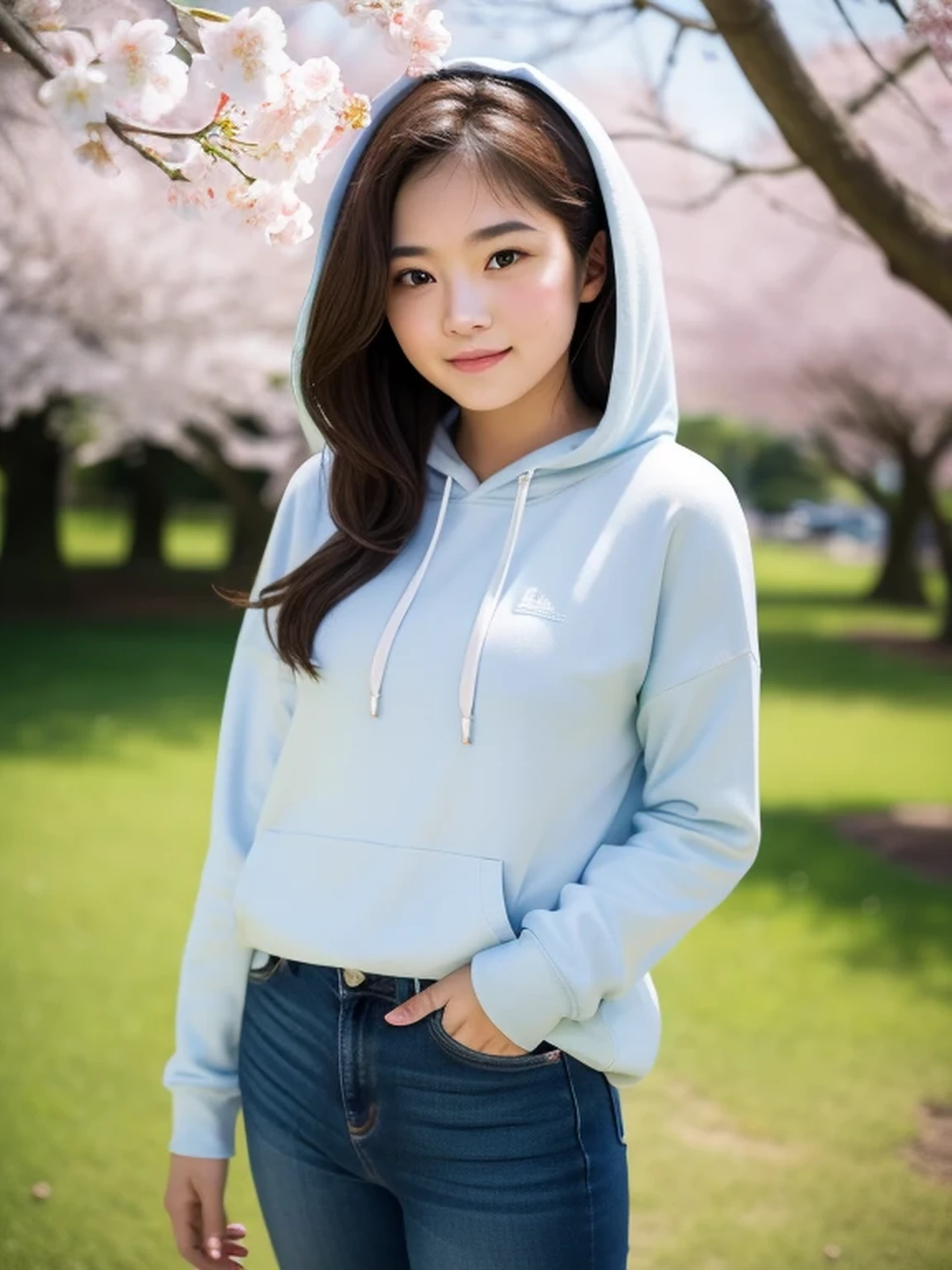 masterpiece, Best Quality, Raw photo, 8K, ultra-detailed face, 1girl, Beautiful detailed skin, backlight, soft light, bashful, (shoot from front:1.2), smile, Luminescent, Anatomically correct, Medium hair, Eyes and faces with detailed, Textured skin, Professional Photography, Bokeh, Portrait, Professional Lighting, Solo, Cute, Girly, Film grain, hoodie, jeans, outside, cherry blossoms