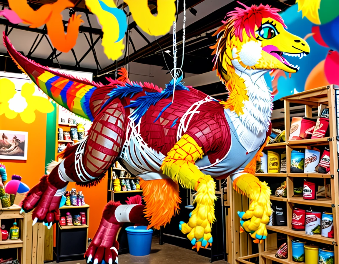 Ultra high resolution, best quality, masterpiece, (pinata transformation:1.4), mid transformation, (a terrified male college boy human deinonychus velociraptor piñata fursuit hybrid trespassing inside a mexican pinata animal shop after dark:1.6), shrinking, (hanging suspended from the ceiling by pinata display wire strings, strung up mid-air among a display of various pinata beasts:1.5), (wearing a deinonychus fursuit:1.75), (human feathered deinonychus piñata fursuit fusion partial hybridization:1.55), (the store's anti-theft magic morphs and shrinks you into a deinonychus piñata:1.6), ((amber:1.6) (rose:1.45) (burgundy:1.3) (celeste:1.2) (atomic tangerine:1.4):2), (part human:1.85), (real life, photorealistic:1.8), (partial feralization:1.7), (the zipper melds into your paper mache skin as you fuse with the fursuit and shrink and morph into a deinonychus pinata:1.65),, NSFW,