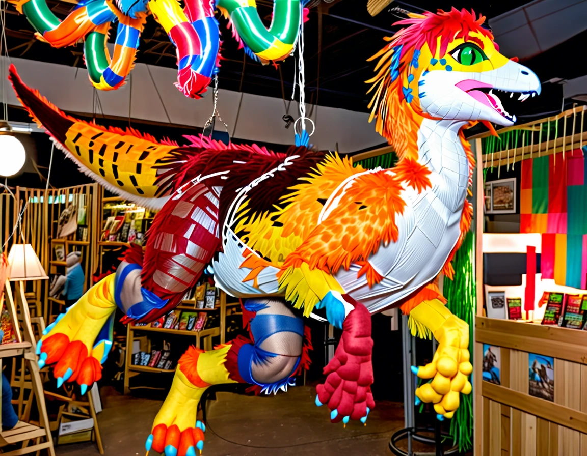 Ultra high resolution, best quality, masterpiece, (pinata transformation:1.4), mid transformation, (a terrified male college boy human deinonychus velociraptor piñata fursuit hybrid trespassing inside a mexican pinata animal shop after dark:1.6), shrinking, (hanging suspended from the ceiling by pinata display wire strings, strung up mid-air among a display of various pinata beasts:1.5), (wearing a deinonychus fursuit:1.75), (human feathered deinonychus piñata fursuit fusion partial hybridization:1.55), (the store's anti-theft magic morphs and shrinks you into a deinonychus piñata:1.6), ((amber:1.6) (rose:1.45) (burgundy:1.3) (celeste:1.2) (atomic tangerine:1.4):2), (part human:1.85), (real life, photorealistic:1.8), (partial feralization:1.7), (the zipper melds into your paper mache skin as you fuse with the fursuit and shrink and morph into a deinonychus pinata:1.65),, NSFW, 