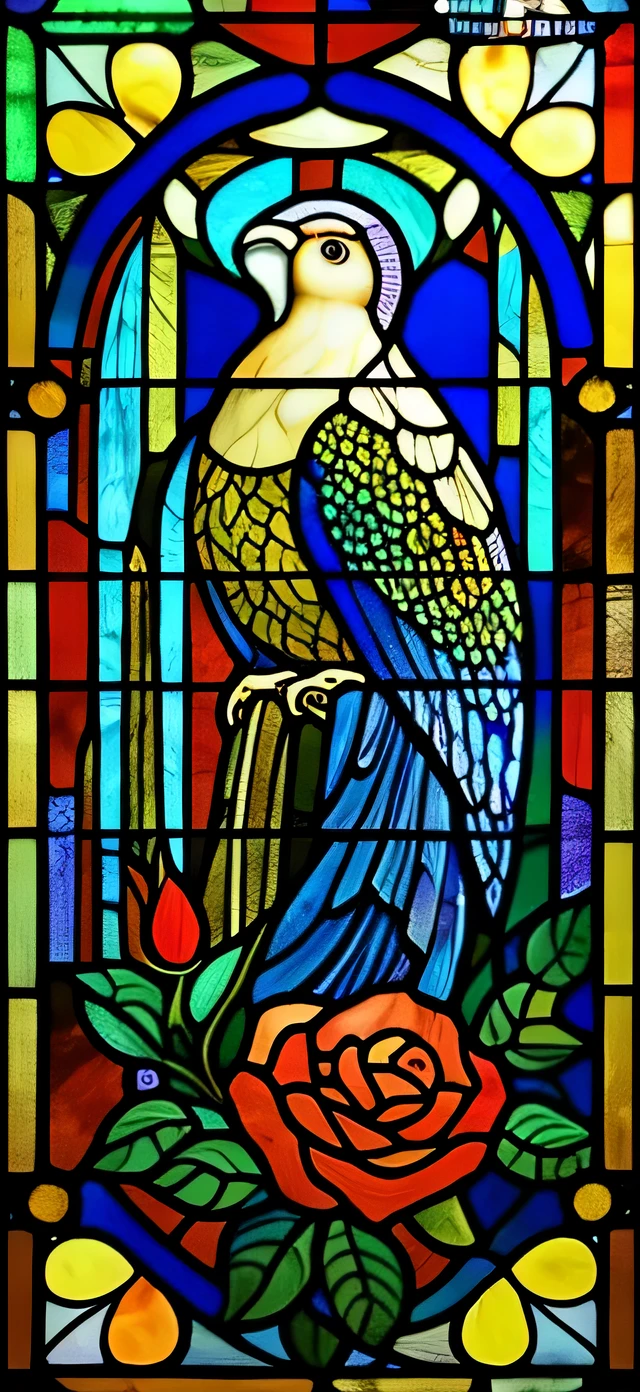 a close up of a Stained glass window with peacocks in it, Highly detailed painting by Olga Rozanova, art station, art nouveau, ( art nouveau ), (art nouveau), maxim verehin Stained glass, translucent rose ornate, Stained glass art, rose, Stained glass!!, beautiful details and colors, Beautiful depiction, Stained glass style