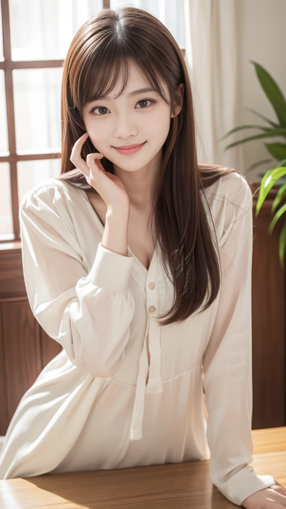 table top, highest quality, 8K、(golden ratio face、balanced eyes)、double eyelid、beautiful nose、shy laugh、lip gloss 、very beautiful girl、Beautiful girl solo like a model、look at the photographer、