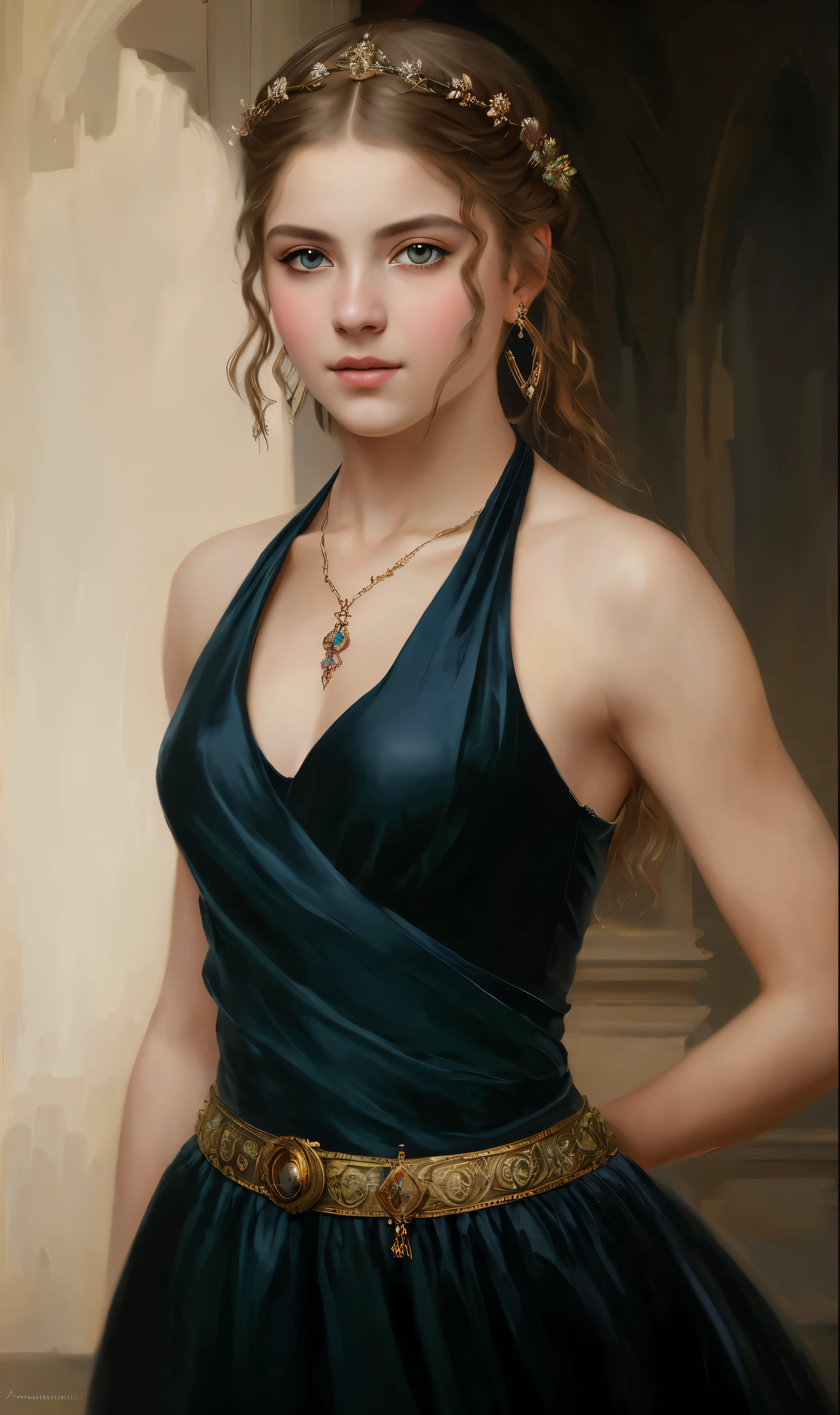 portrait, girl, middle ages, classicism, andrey atroshenko style, painting, pierced eyes, beautifully styled hair, traditional media, realistic, figurative, fine art, oil on canvas, HDR, 8K, original character, high resolution, high detail, focus on the face, beautiful eyes