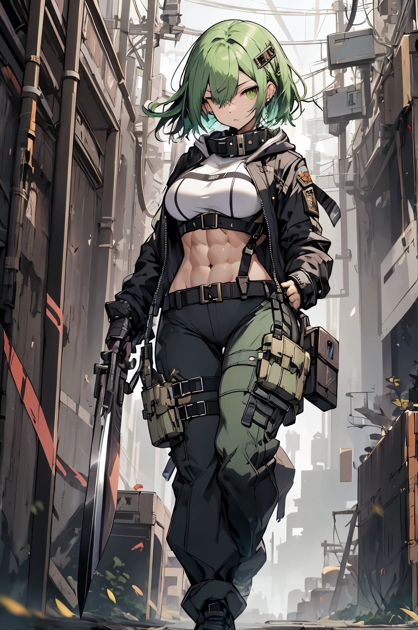 high quality、Highest image quality、solo photos、near future、cyber punk、GOD EATER、A woman wearing a jacket that shows her belly、soldier、hold a knife、Green Hair（side braid、ponytail）、gold eye（Broken pupil、Shining eyes）、armedした、Wearing the harness、black jacket（Short length、long sleeve、Large hood、Sci-Fi Design、combat、protector、Armor）、low rise pants（Absolute area、Immediate buttock exposure、combatベルト、armed、Portable knife）、Putting on the collar（Hard Color、slave collar、cowbell）、Band Cuffs、Applying restraints、big breasts、The lower breast is protruding、I can see my belly button、thin abs:0.3、stylish pose、action pose