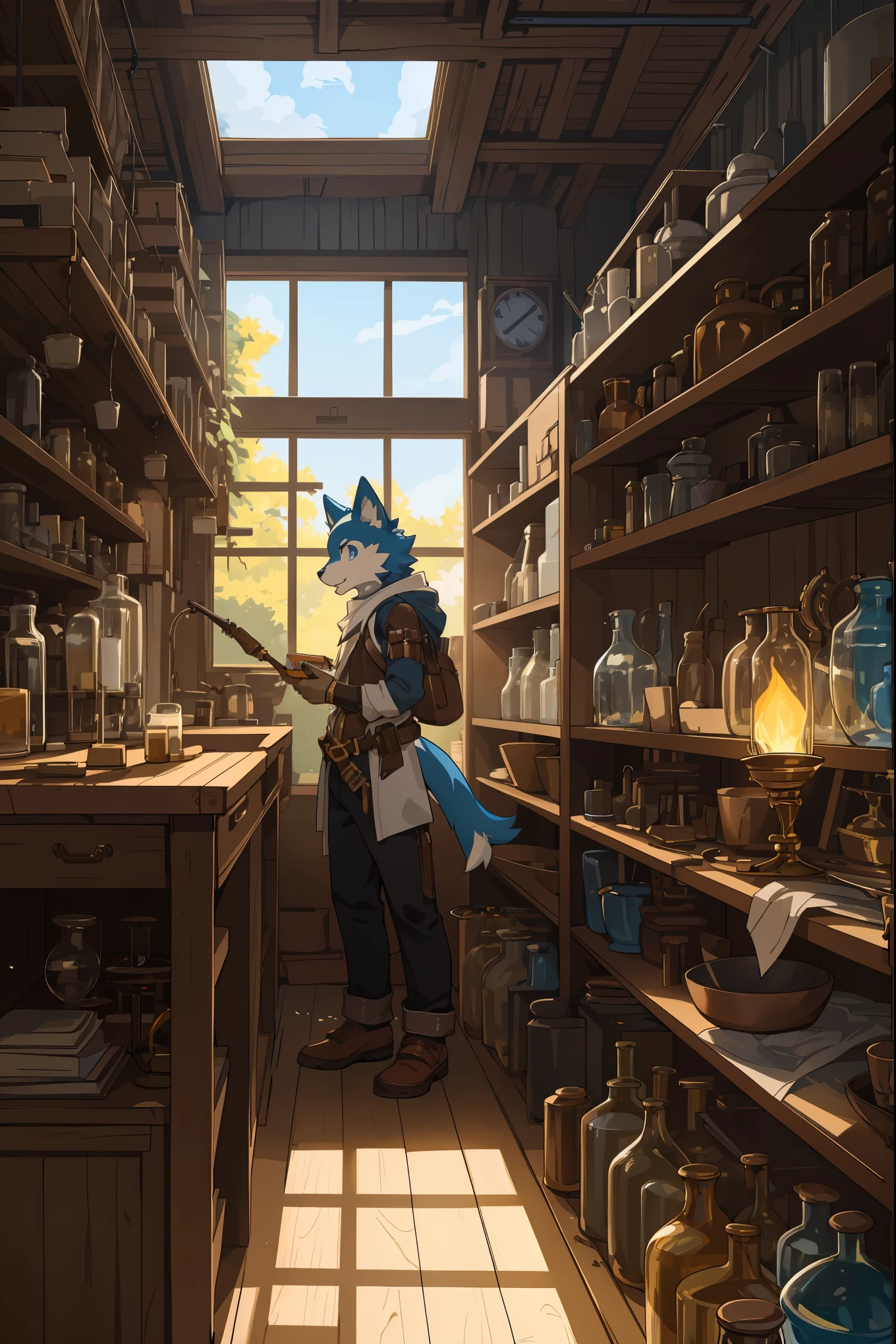 cover page, highres, top quality, best quality, paid reward available, unparalleled masterpiece, perfect artwork, absurdres, High-quality illustrations, super high resolution, detailed background, perfect anatomy(1boy, solo, kemono, furry anthro, alchemist, Experimenting)many pottery, in room with many windows, in cluttered lab, in steampunk laboratory, fantasy alchemist laboratory, weapon shop interior, cinematic lighting,