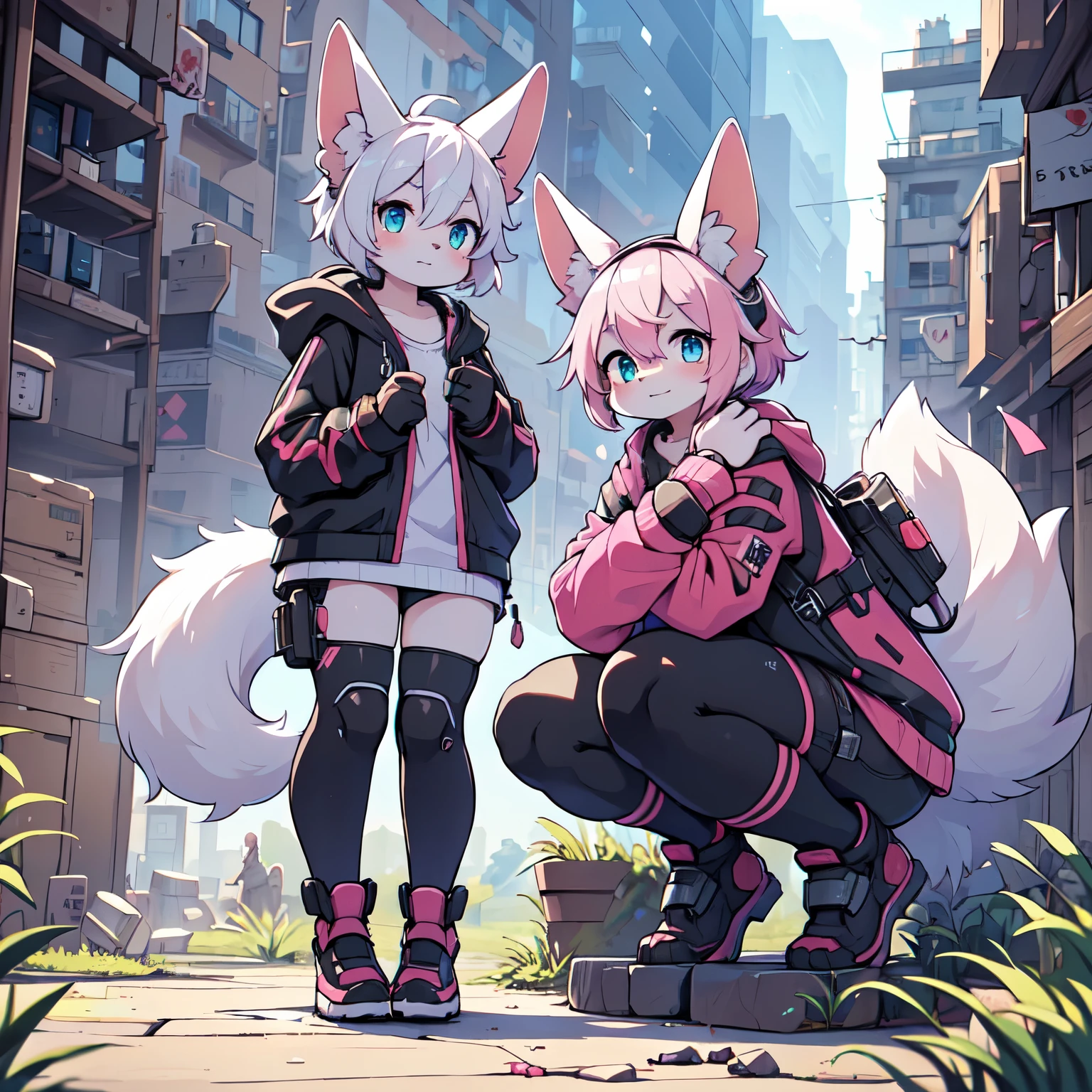 (best quality,4k,8k,highres,masterpiece:1.2),ultra-detailed,(realistic,photorealistic,photo-realistic:1.37),Kawaii, pink striped Fluffy Fox, Pink hair, Blue Eyes, heterochromia, Solo, body fur, in ruined city, Mechanical nanoskin, nakeness, cybernetic prosthesis, mechanical legs, mech suit, black reotard, pink over-the-knee socks, long moe sleeve loose off-the-shoulder blouse, long hood jacket, kitty headphones, aiming pistol, pistol holster, mechanical shoes, serial number on shoulder, one fluffy tail, knee pads, elbow pads, tactical gloves