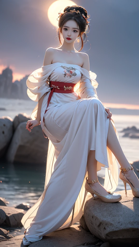 hanfu-song, hanfu, Song Theme, Bandeau style, Pipe top, ((bare shoulders)), ((whole body)), actual, Fashion girl, red lips, adult, cosmetics, big eyes, fair eyes, ((whole body)), ((from below)), (best quality, masterpiece:1.2), super detailed, (actual:1.37), ((Sexy long legs)), fair, young and energetic, Charming model with (exquisite eyes, delicate lips, extremely exquisite eyes), Show a bright smile, Create stunning girl images, Warm colors, Extremely high color saturation, official art, Extremely detailed CG unified 8K wallpaper,(high dynamic range :1.4), (cinematic),(pastel colors, The color is dull, soothing tone :1.3), (natural skin texture, ultra-actual, soft light, sharp),(Very detailed), night, moonlight, ((in mountains, plant, Leaning against the rocks))