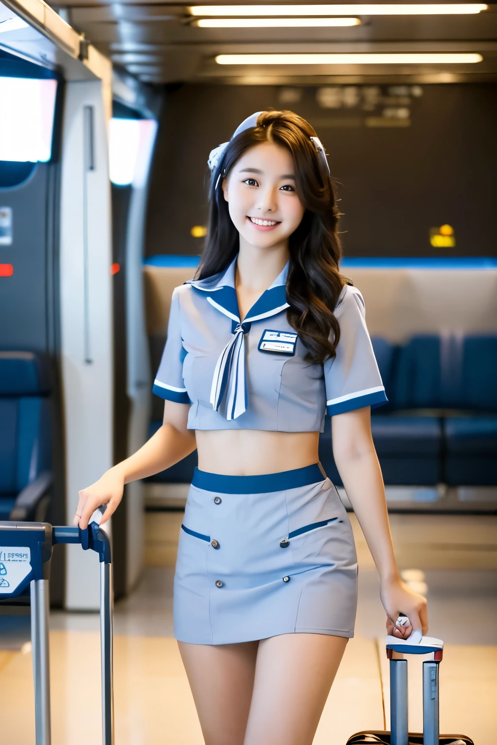A 22-year-old with a cute, baby-faced idol-like face Full body visible when standing Occupation: Flight Attendant Walking down the aisle of an airline passenger seat Gentle and cute smile gently small bust It's a bikini-style uniform. Raw photo genuine real High definition Do not display copyright