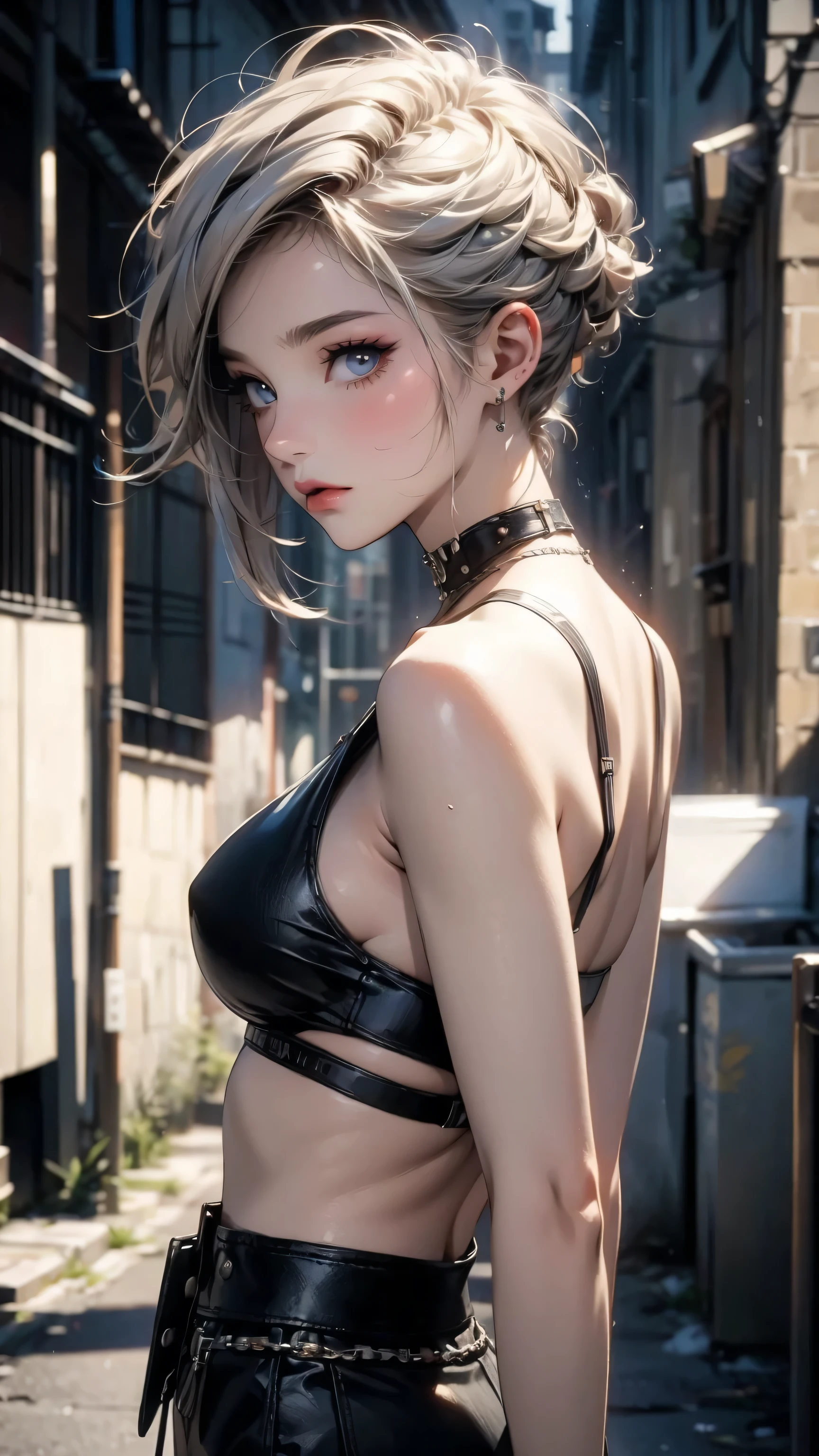 (masterpiece, High resolution, highest quality), ((20 year old woman, Composition from head to stomach, upper body focus)), detailed eyes, Avant-garde makeup, Asymmetrical punk short hair:1.2, ash gray hair, punk fashion :1.3, blurred background, A deserted back alley in Paris:1.3, cinematic lighting, anime style, simple lines, digital painting