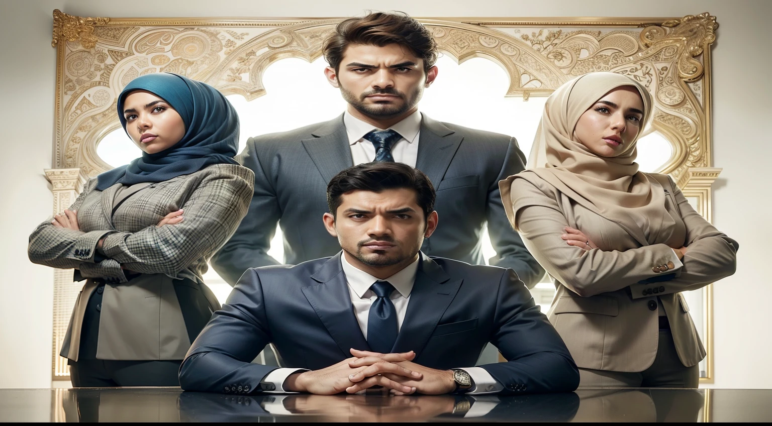 there are three people standing next to each other in a picture, ceo, serious business, high quality fanart, tv series, high quality portrait, portrait shot, official fanart, official art, promotional art, corporate business, official fanart behance hd, movie promotional image, art cover, corporate portait, muslim, by Nil Gleyen, inspired by Rudy Siswanto