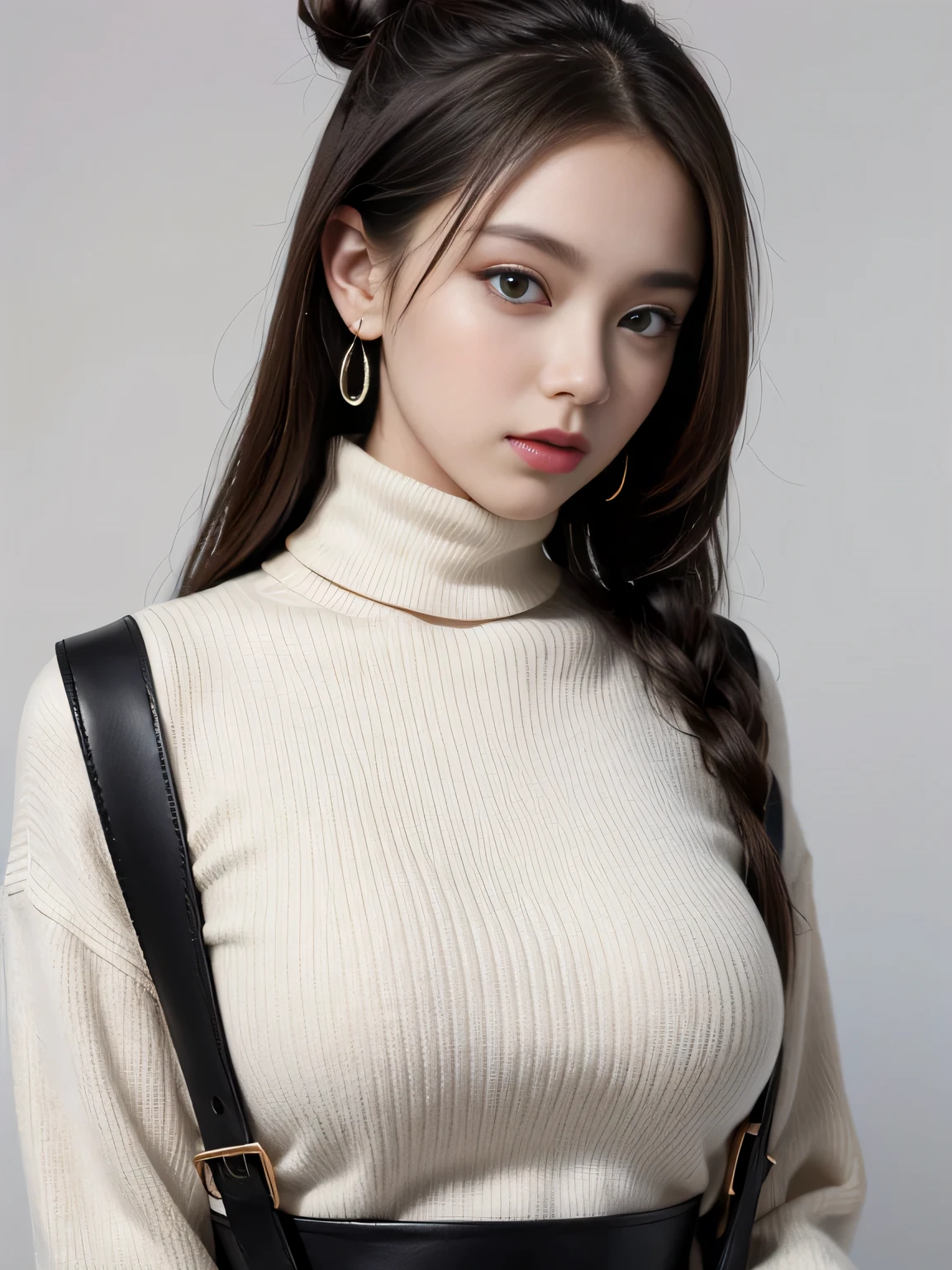 (8K, highest quality, High resolution, masterpiece :1.3), (white background), turtleneck knit, chest, big breasts, stylish, hisense, long contour, long slit eyes, Black hair bun, Upper body, earrings, graphic design, take a pose